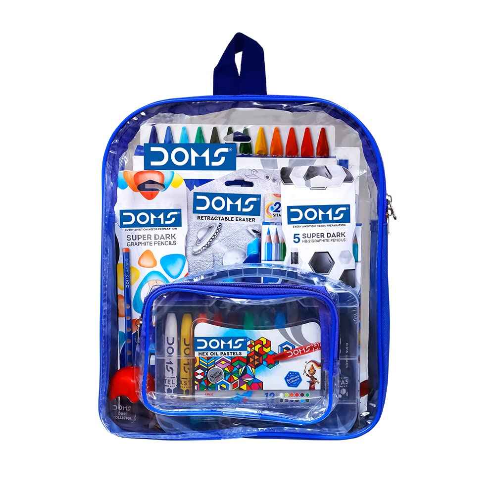 Doms Smart Kit - 12 Essential Stationery Items in Transparent Zipper Bag for School and Gifting