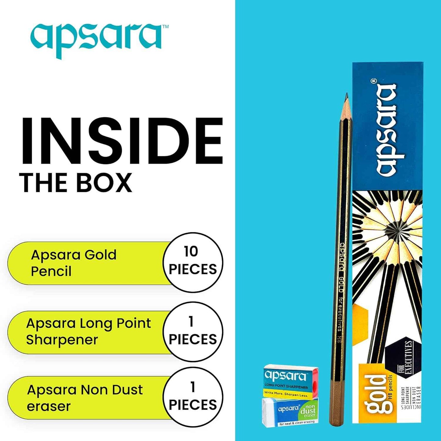 Apsara Gold Pencils Pack of 10 with Free Sharpener and Eraser Included