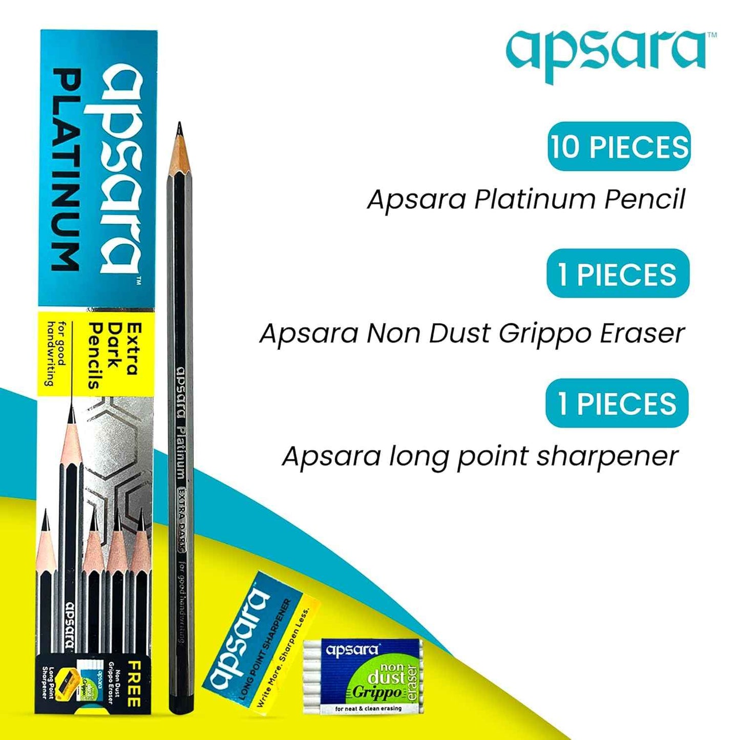 Apsara Platinum Extra Dark Pencils - Pack of 10 with Free Sharpener & Eraser