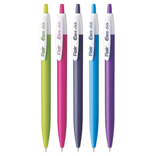 FLAIR Ezee Click Ball Pens Pack - Set of 5 Pens with 0.7 to 1 mm Tip Size, Retractable Mechanism, Comfortable Grip & Playful Body Colors, Blue Ink