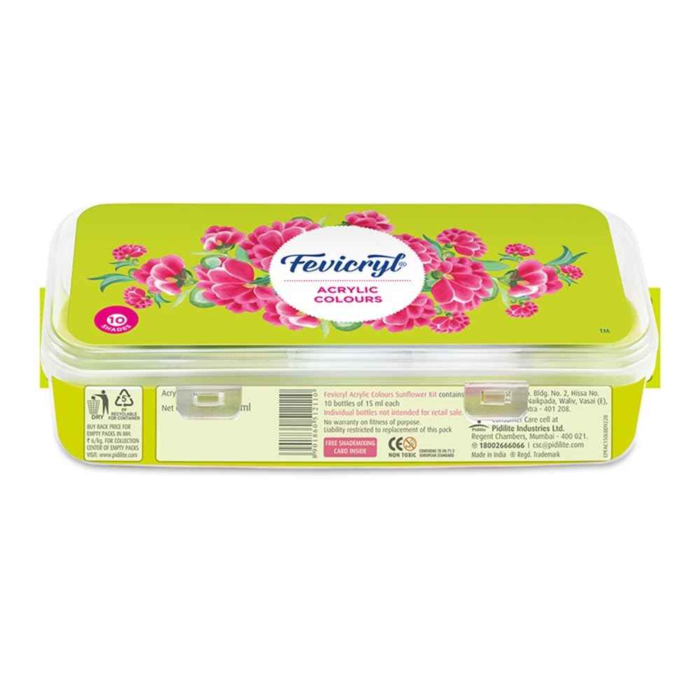 Fevicryl Acrylic Colours Kit - 10 Rich Pigment Colours x 15 ml for Multi-Surface DIY Projects