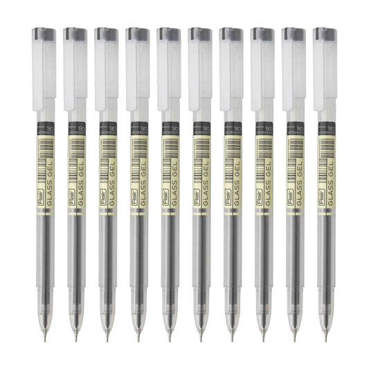 FLAIR Glass 0.6mm Gel Pen | Water Proof Ink for Smooth Flow System | Low-Viscosity for Smudge Free Writing | Quick Dry | Transparent Body With Fine Tip | Black Ink, Pack of 10