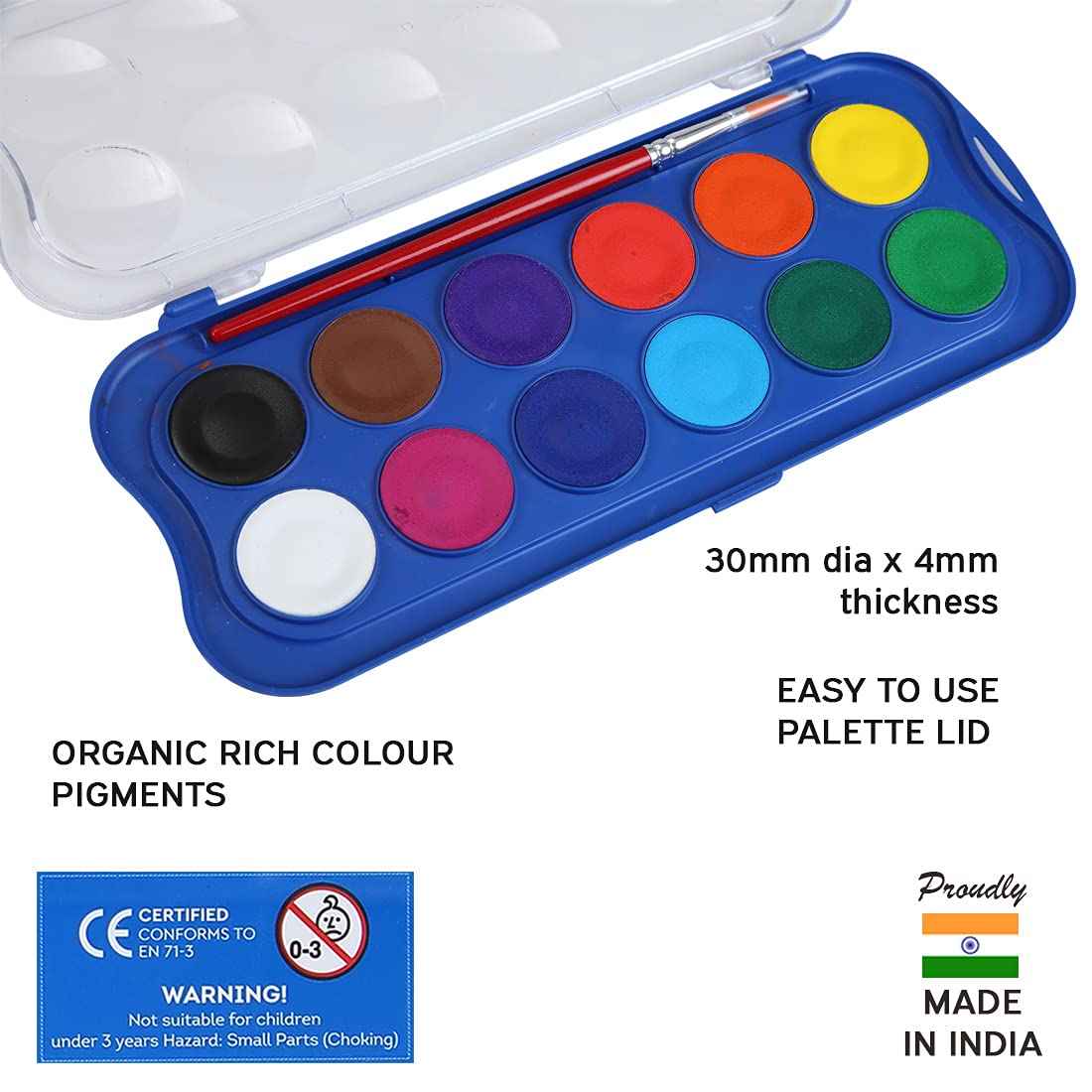 Doms Watercolor Cake Set - 12 Shades/24 Shades, 30mm Organic Rich Color Pigments, Easy Use Palette Lid, Non-Toxic & Safe for Kids, Includes Free Brush, Pack of 1