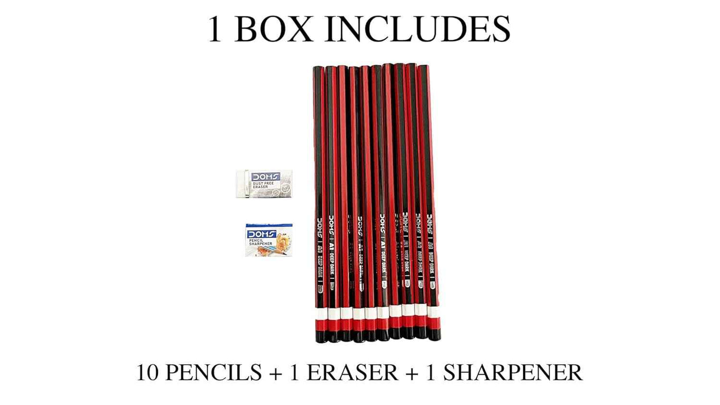 Doms A1 HB Graphite Pencil Set - Pack of 10 with Eraser & Sharpener, Innovative Grip for Sketching & Drawing