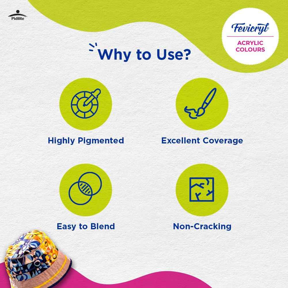 Fevicryl Acrylic Colours Kit - 10 Rich Pigment Colours x 15 ml for Multi-Surface DIY Projects