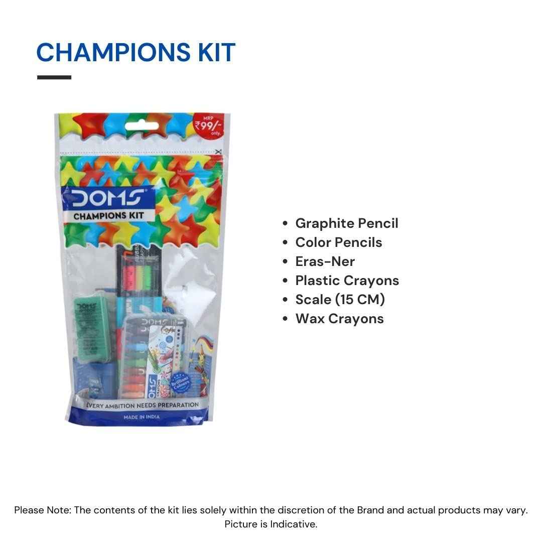 Doms Champions Kit - Perfect Value Pack for School Essentials | 6 Essential Stationery Items for Gifting Kids