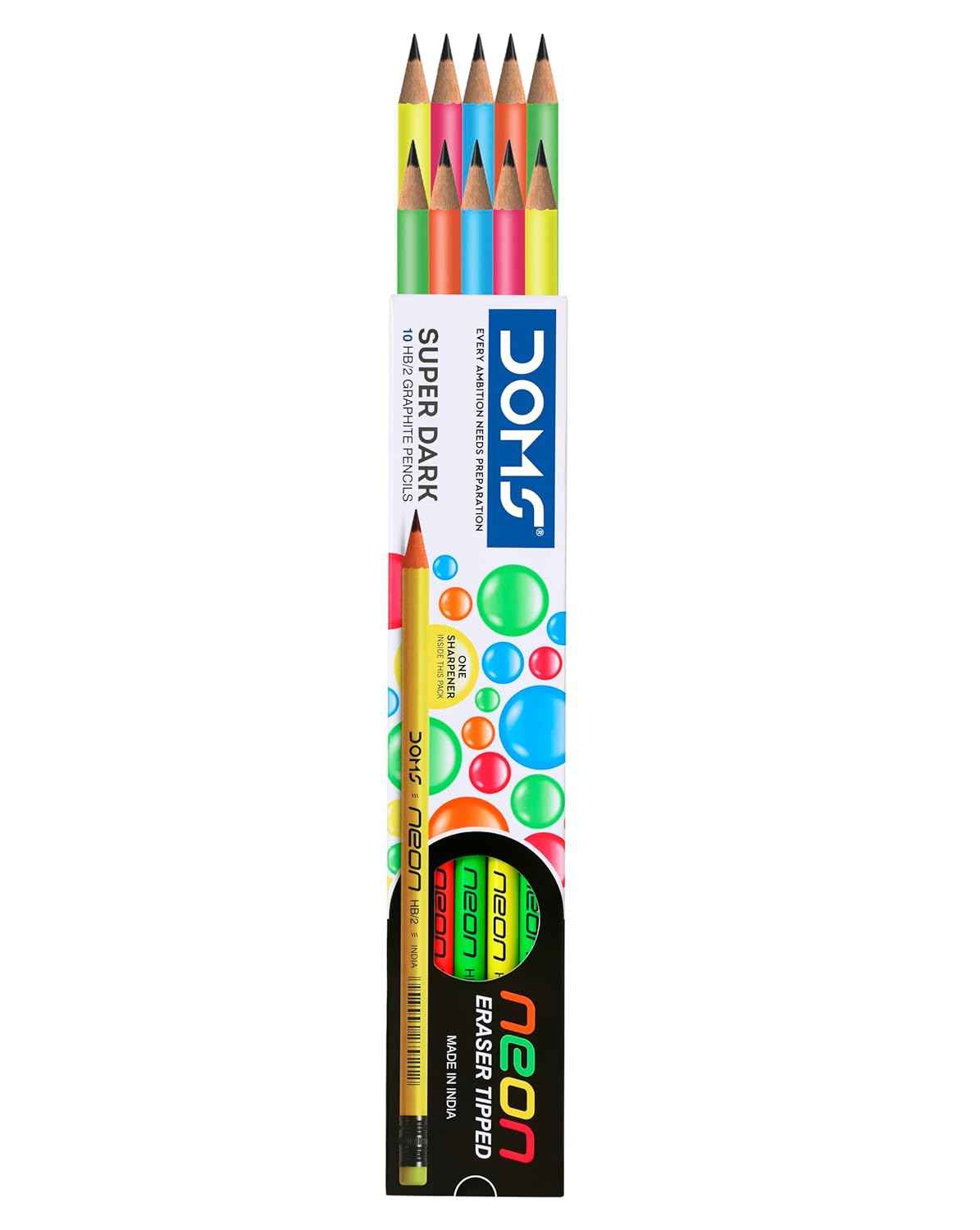 DOMS Neon Graphite Pencils Pack with Free Sharpener | Non-Toxic & Smooth Sharpening | Box of 10 Pencils