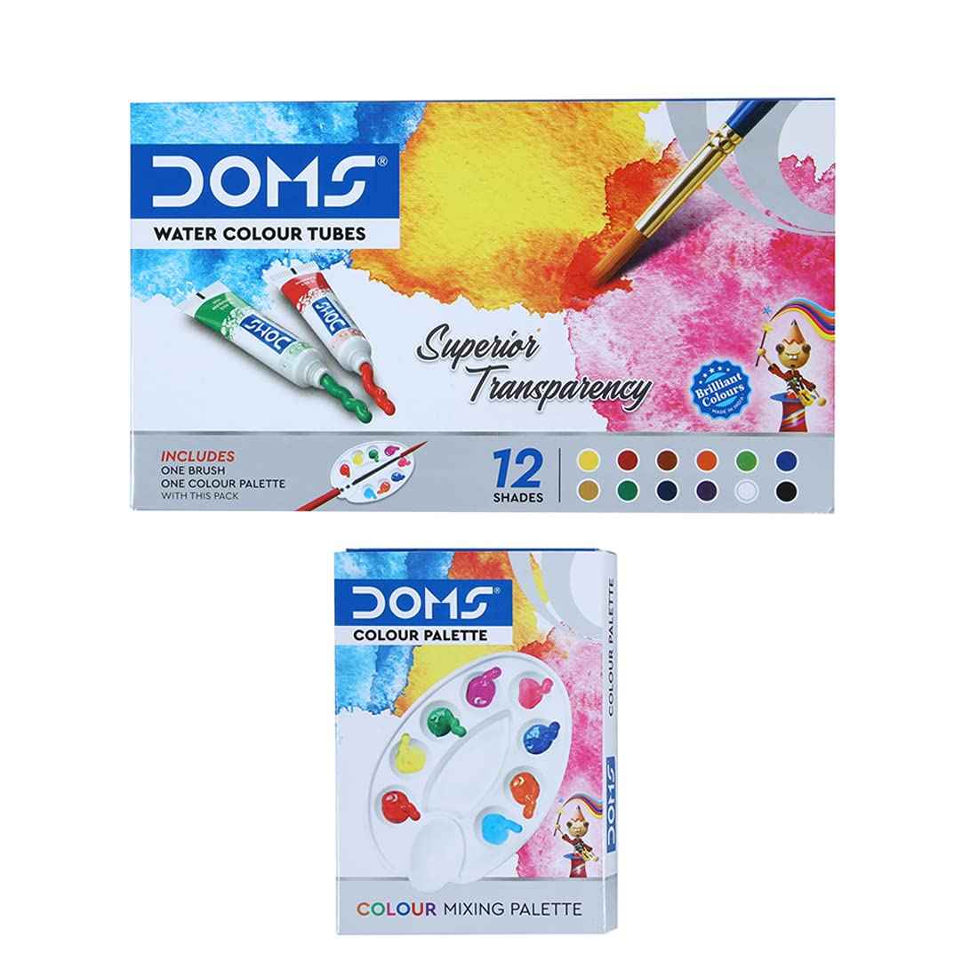 Doms Water Color Tube Set - 12 Shades for Vivid Creations, Includes Free Brush & Palette
