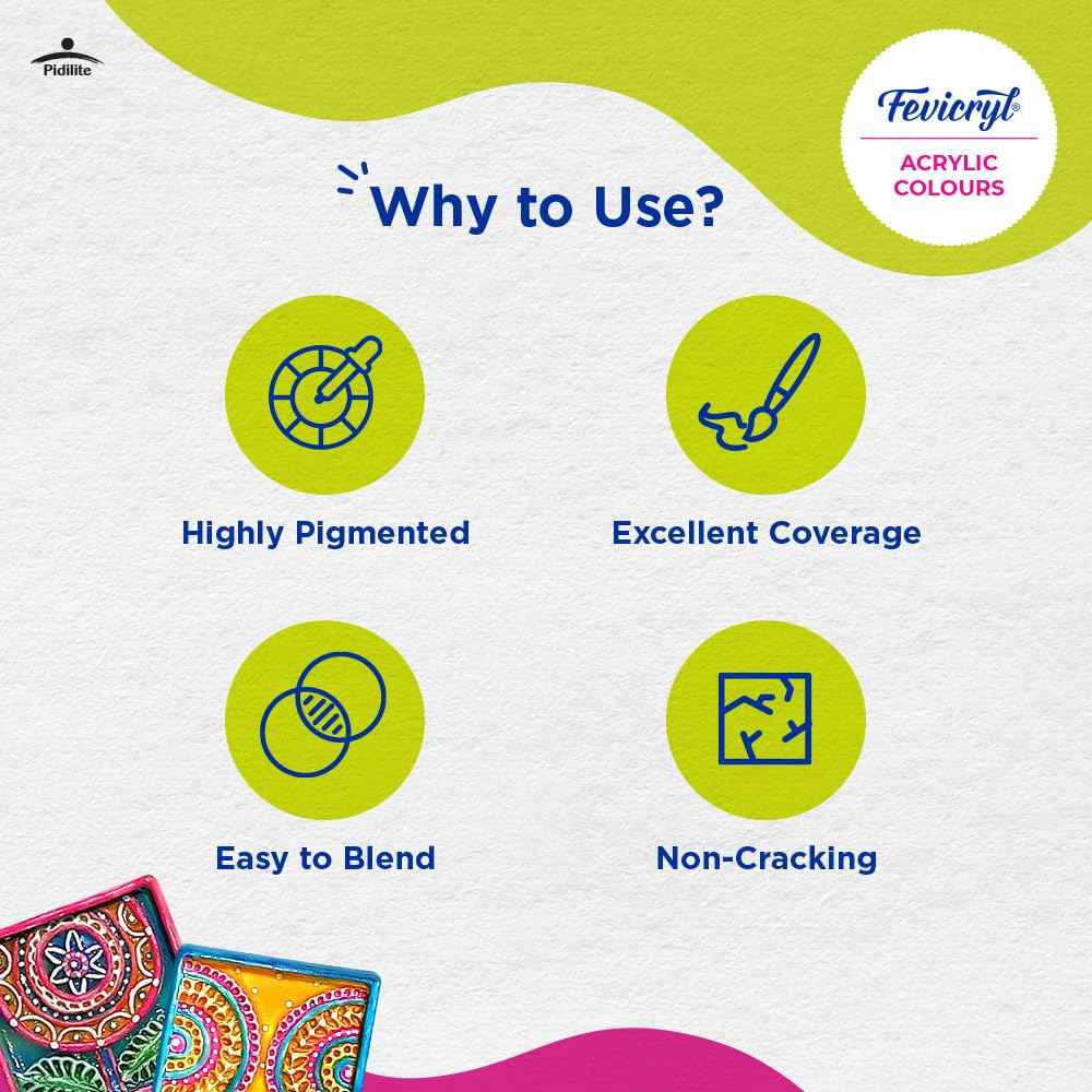 Fevicryl Acrylic Colors Kit - 60ml Set, 6 Shades | Rich Pigment Paint for Canvas, Wood, Leather, Metal, Ideal for Art & Craft Projects