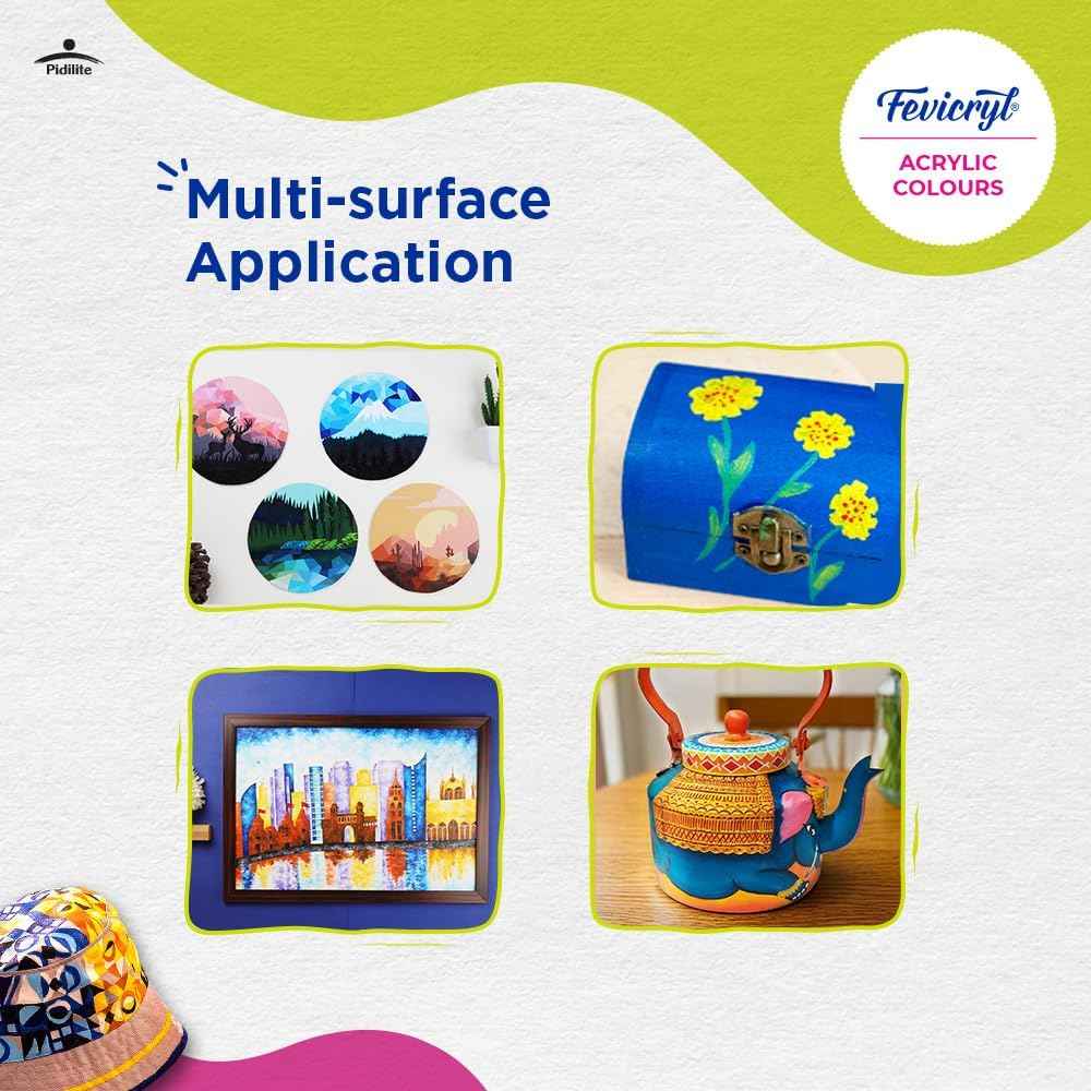 Fevicryl Acrylic Colours Kit - 10 Rich Pigment Colours x 15 ml for Multi-Surface DIY Projects