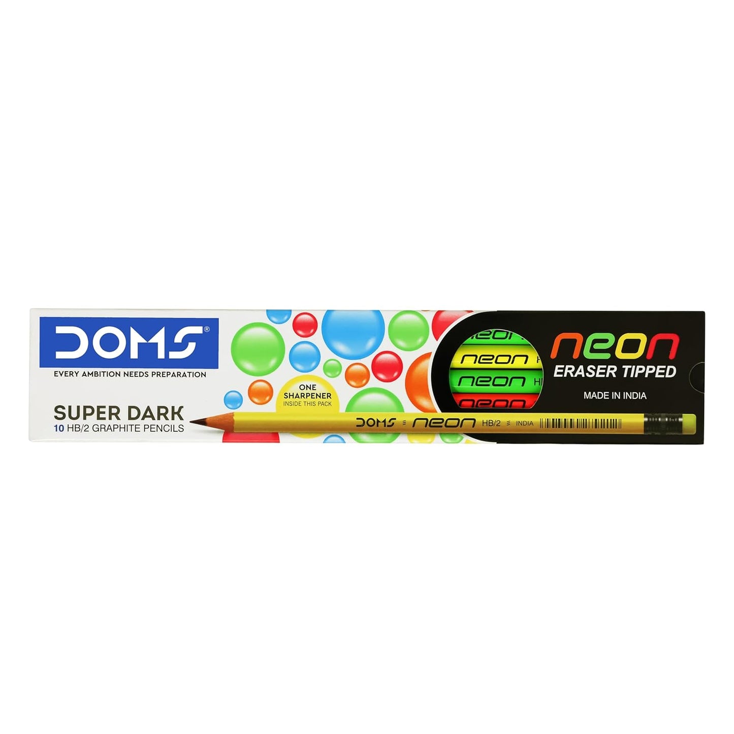DOMS Neon Rubber Tipped HB/2 Graphite Pencils Box Pack | Non-Toxic | Free Sharpner Inside The Box | Easy & Smooth Sharpening | Pack Of 10 Pencils - First Schooling