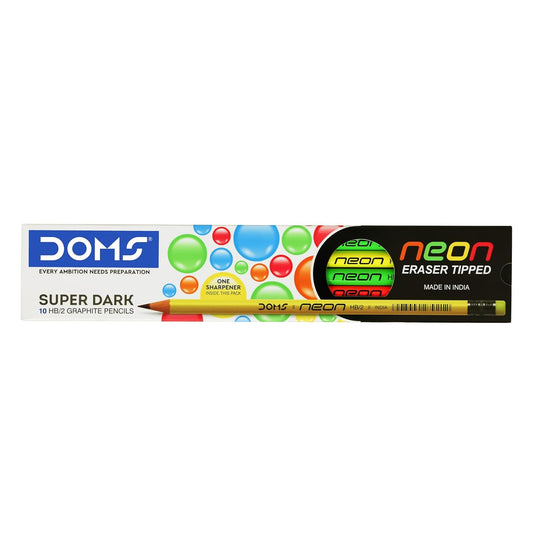 DOMS Neon Rubber Tipped HB/2 Graphite Pencils Box Pack | Non-Toxic | Free Sharpner Inside The Box | Easy & Smooth Sharpening | Pack Of 10 Pencils - First Schooling