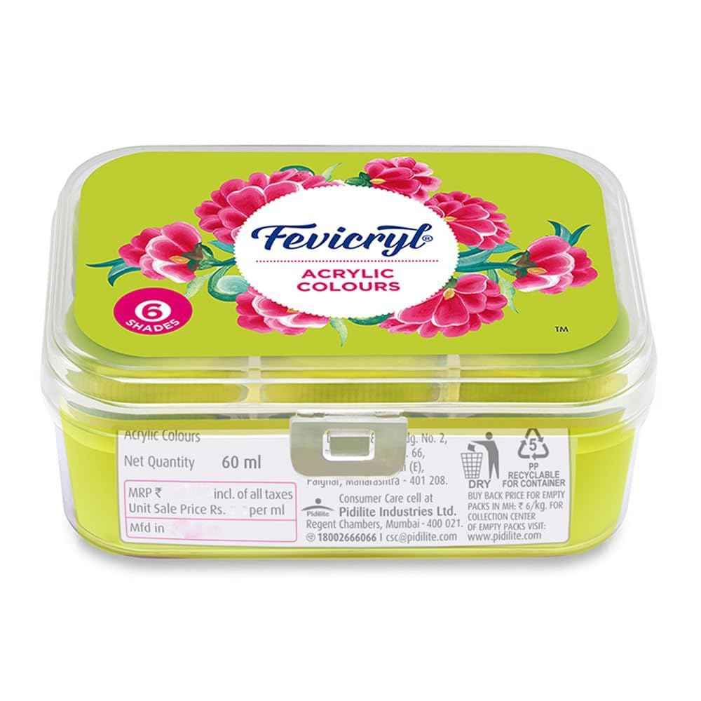 Fevicryl Acrylic Colors Kit - 60ml Set, 6 Shades | Rich Pigment Paint for Canvas, Wood, Leather, Metal, Ideal for Art & Craft Projects