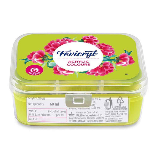 Fevicryl Acrylic Colors Kit - 60ml Set, 6 Shades | Rich Pigment Paint for Canvas, Wood, Leather, Metal, Ideal for Art & Craft Projects