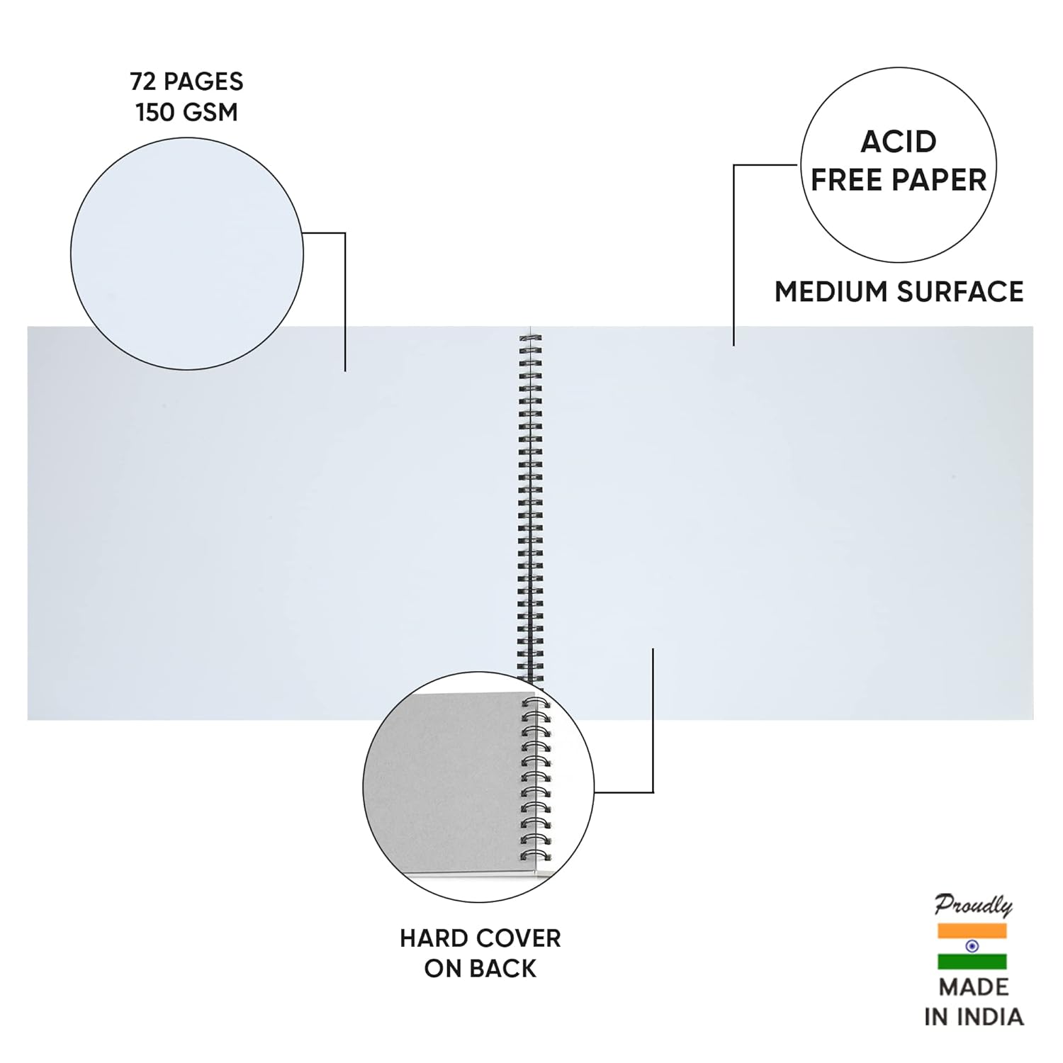 Doms Wiro Binding Notebook | Sketch Pad | Plain | 150GSM | 72 Pages | 29.7 x 42 cm | Pack of 1 - First Schooling
