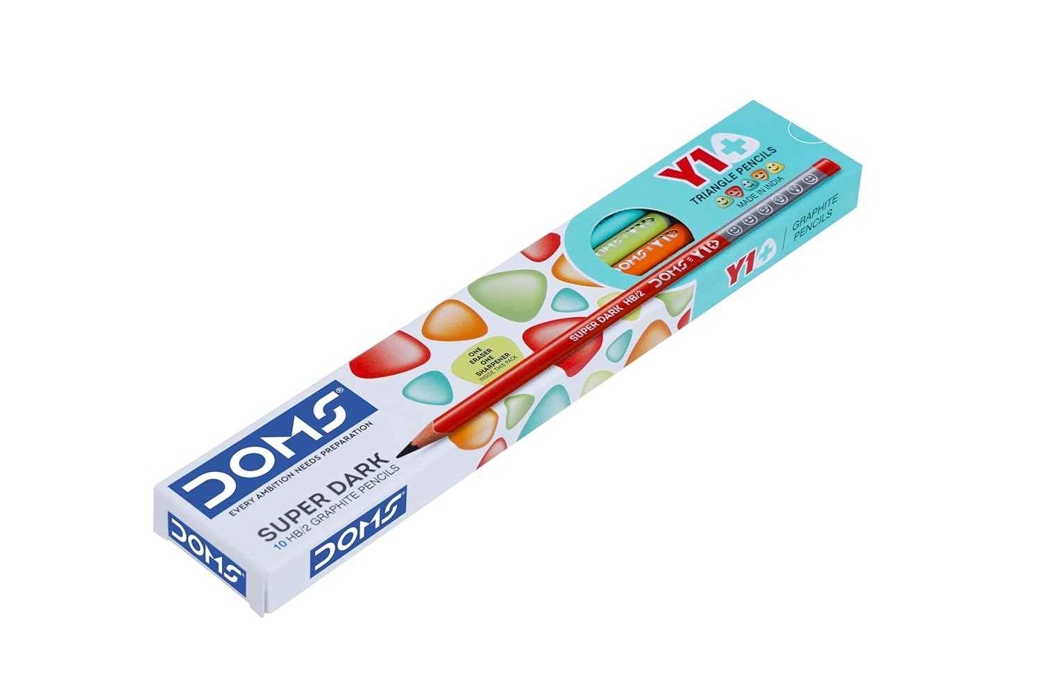 Doms Triangular Graphite Pencils - Y1 Super Dark HB/2 Pencil Box Pack with Free Eraser & Sharpener | Set of 10 for Comfortable Writing