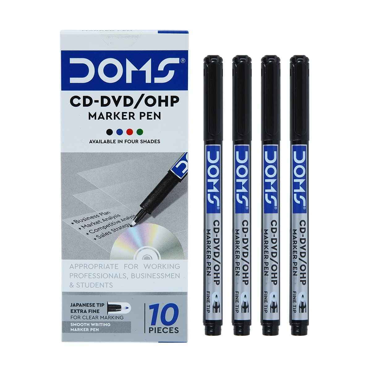 Doms CD-DVD/OHP Pens | Fine Tip Japanese Tip For Clear Marking | Marks On Most Surfaces | Unique Self Hydrating System | Black Ink, Pack of 10