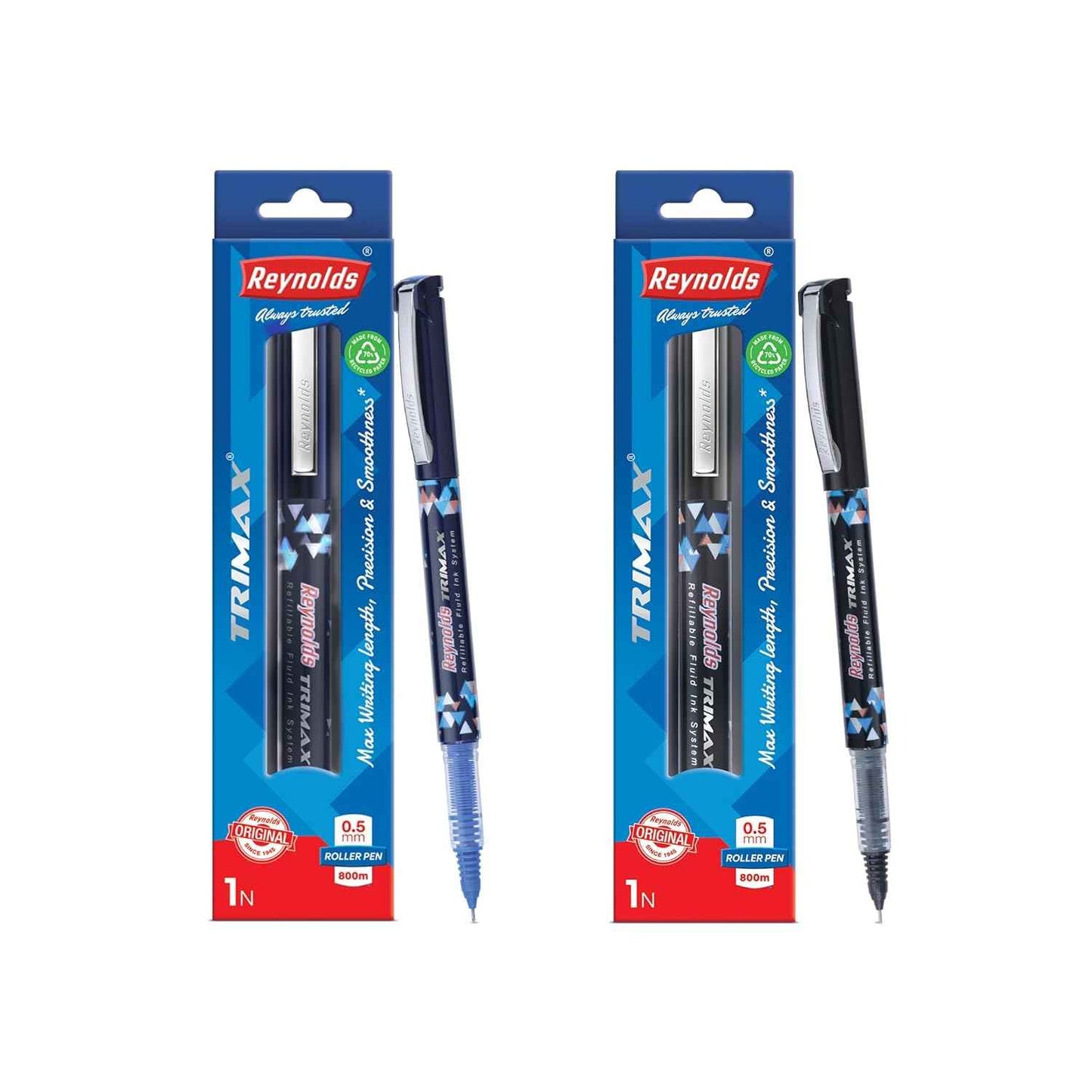 Reynolds TRIMAX Roller Pen - 2 CT POUCH: 1 Blue & 1 Black Lightweight Roller Pen with Comfortable Grip for Smooth Writing - 0.5mm Tip for School and Office