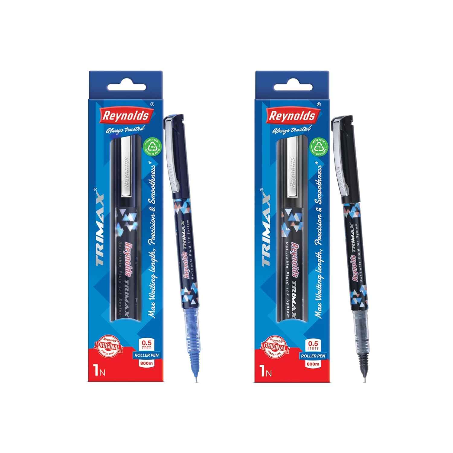 Reynolds TRIMAX Roller Pen - 2 CT POUCH: 1 Blue & 1 Black Lightweight Roller Pen with Comfortable Grip for Smooth Writing - 0.5mm Tip for School and Office