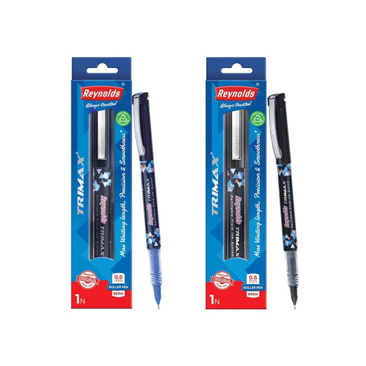 Reynolds TRIMAX Roller Pen - 2 CT POUCH: 1 Blue & 1 Black Lightweight Roller Pen with Comfortable Grip for Smooth Writing - 0.5mm Tip for School and Office