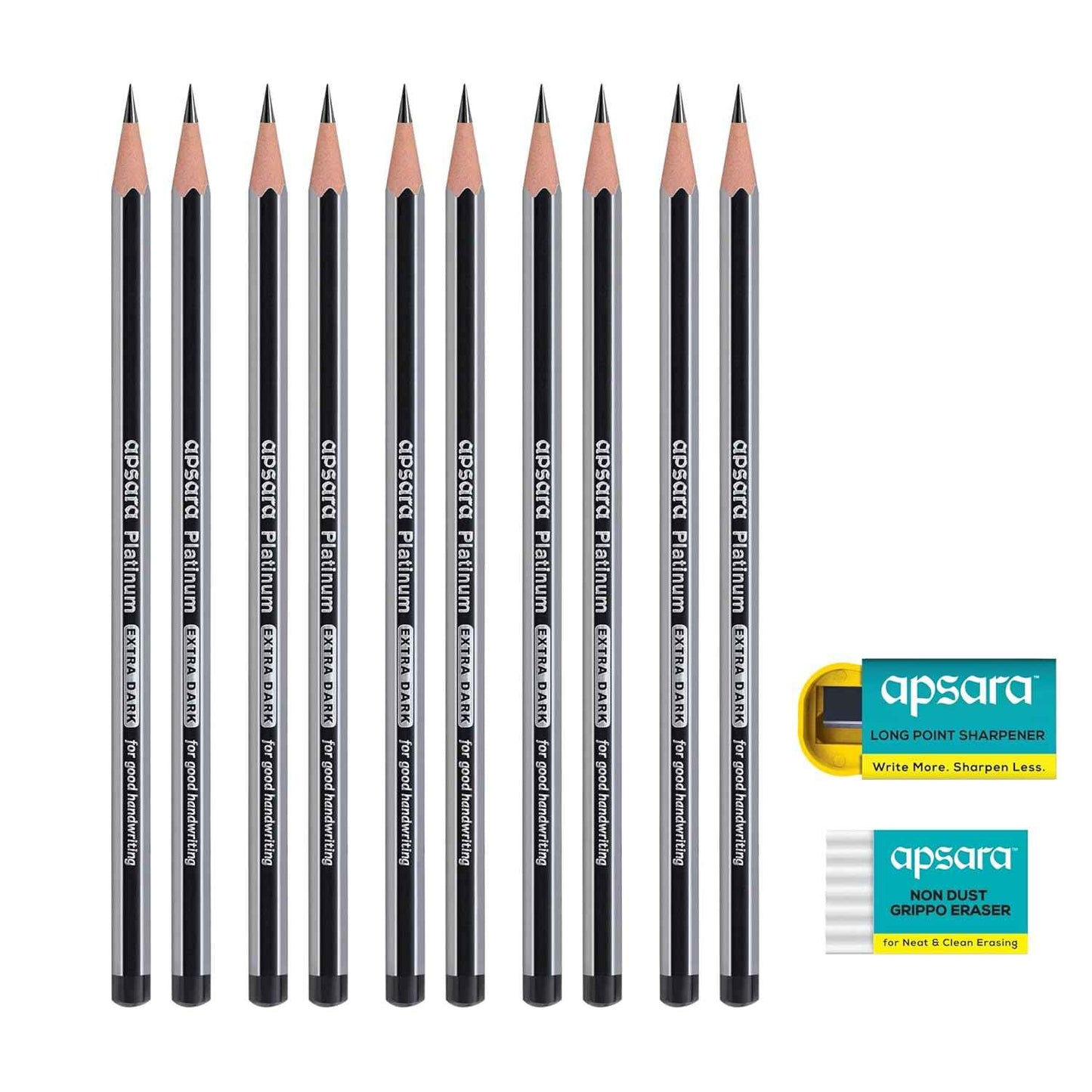 Apsara Platinum Extra Dark Pencils - Pack of 10 with Free Sharpener & Eraser