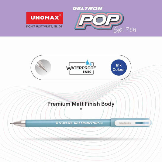 UNOMAX Geltron Pop Gel Pen Pack of 10 Blue - Smooth Writing with Waterproof Ink and Matt Finish Body