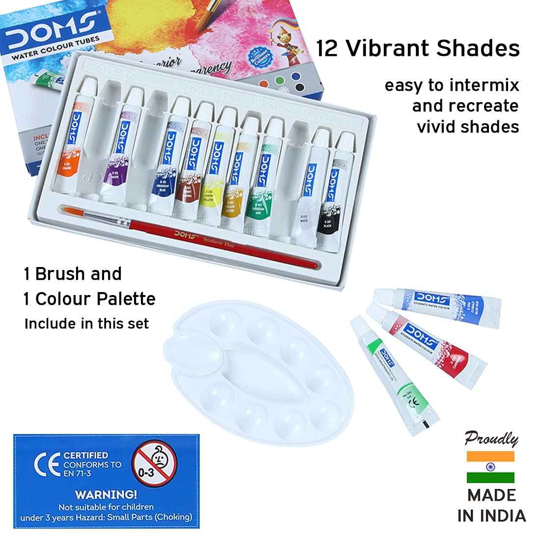 Doms Water Color Tube Set - 12 Shades for Vivid Creations, Includes Free Brush & Palette