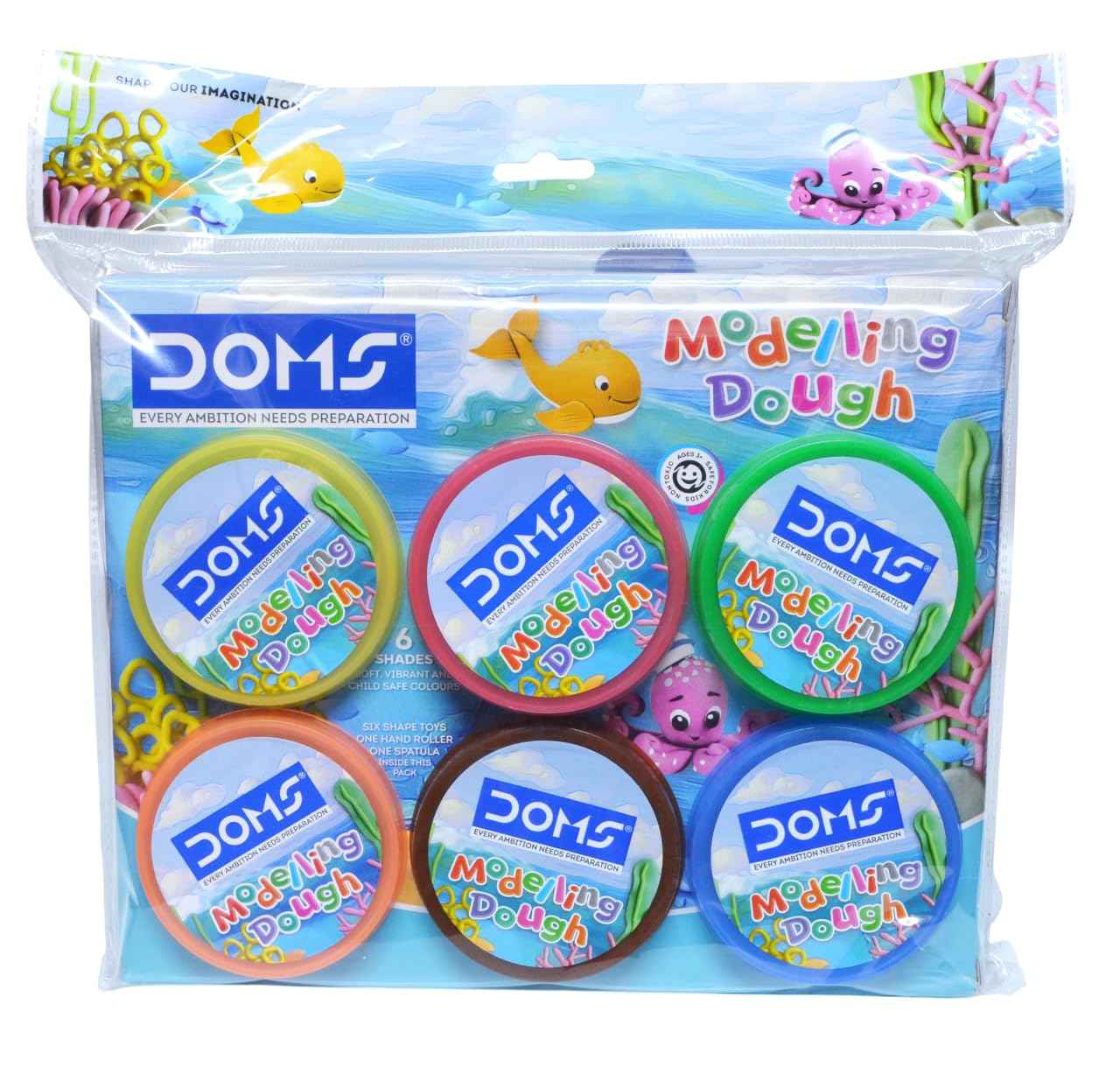 DOMS Modelling Dough 300 gm - 6 Shades of Soft, Colorful & Kneadable Dough for DIY Art & Craft with 6 Shape Toys, Roller & Spatula