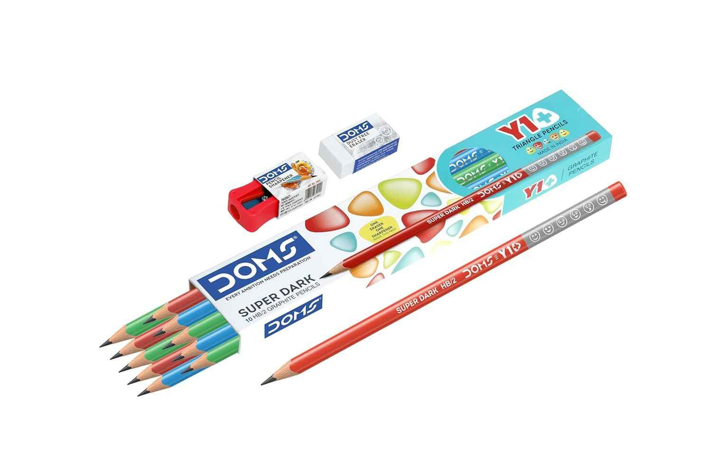 Doms Triangular Graphite Pencils - Y1 Super Dark HB/2 Pencil Box Pack with Free Eraser & Sharpener | Set of 10 for Comfortable Writing
