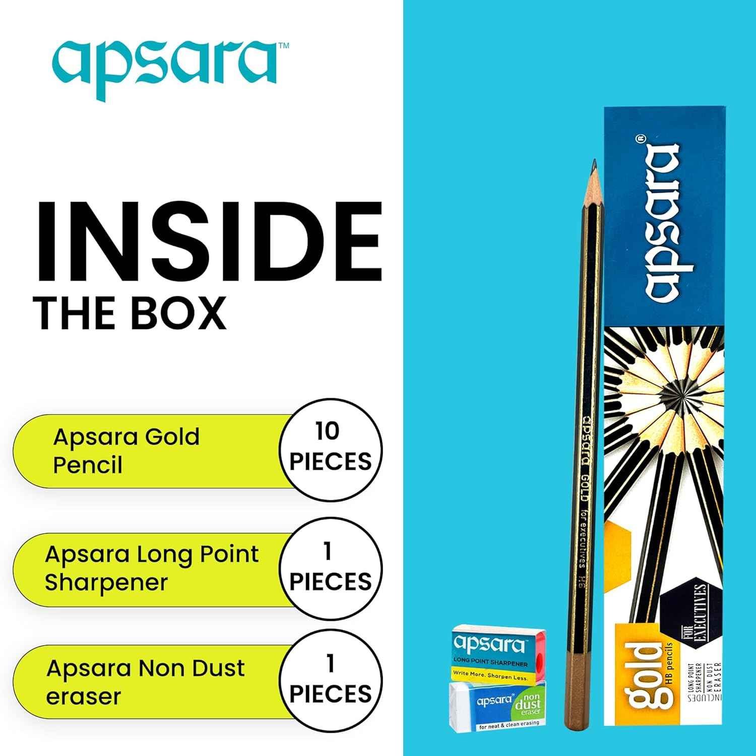 Apsara Gold Pencils Pack of 10 with Free Sharpener and Eraser Included