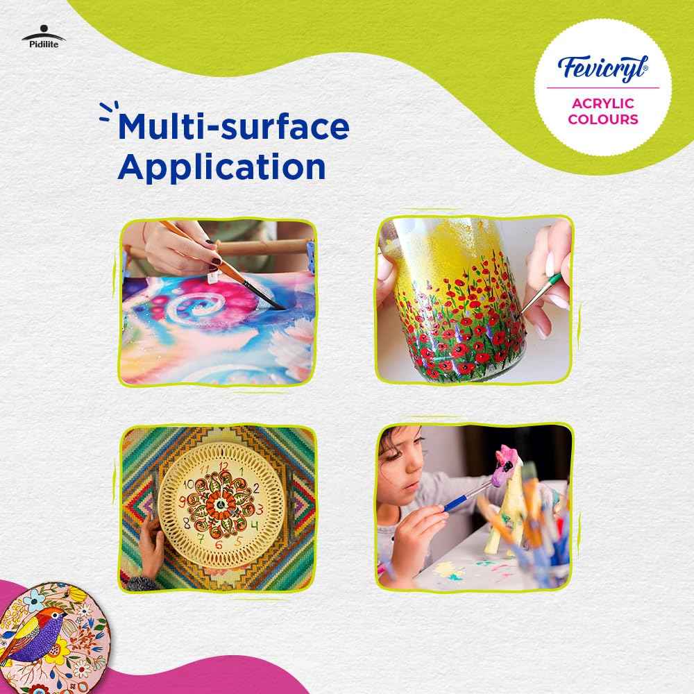 Fevicryl Acrylic Colors Kit - 60ml Set, 6 Shades | Rich Pigment Paint for Canvas, Wood, Leather, Metal, Ideal for Art & Craft Projects