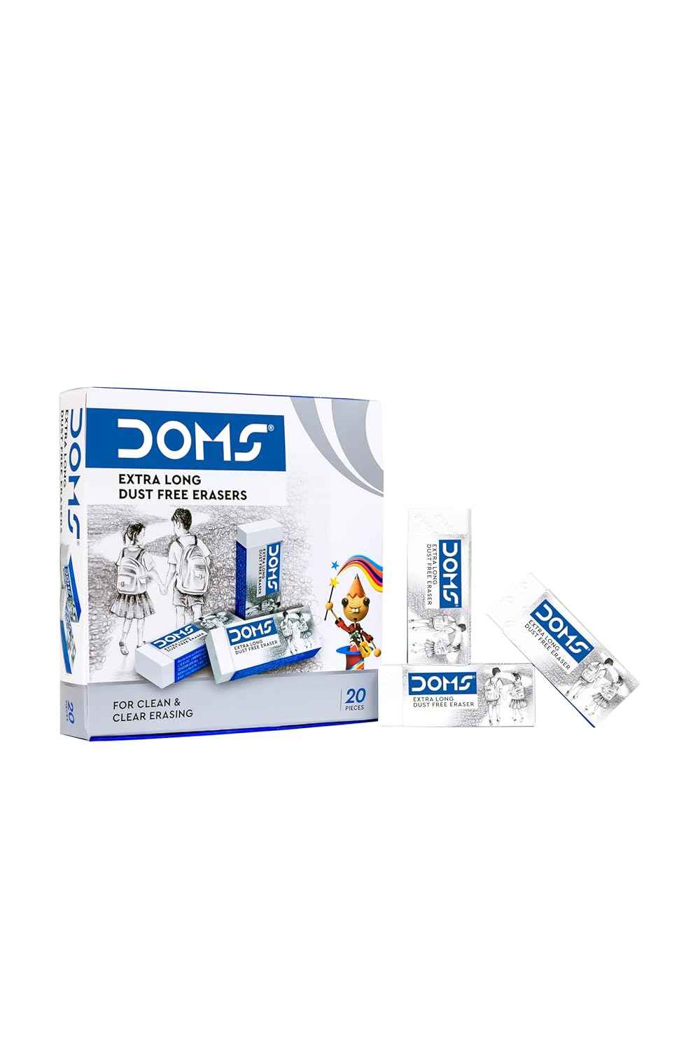 Doms Non-Toxic Extra Long Eraser Box Pack | Clean & Clear Erasing Stationery Gift for Kids & Students | Pack of 20 Pieces
