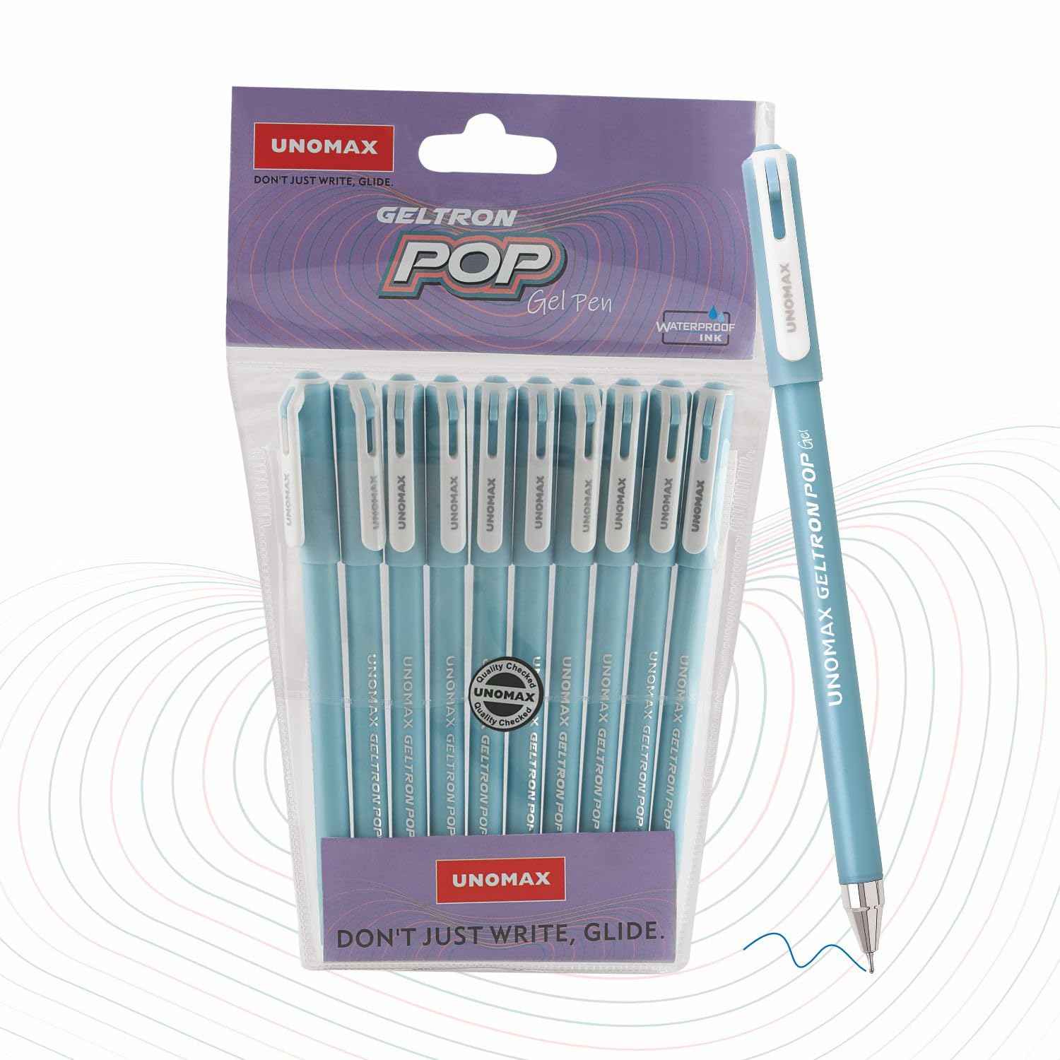 UNOMAX Geltron Pop Gel Pen Pack of 10 Blue - Smooth Writing with Waterproof Ink and Matt Finish Body