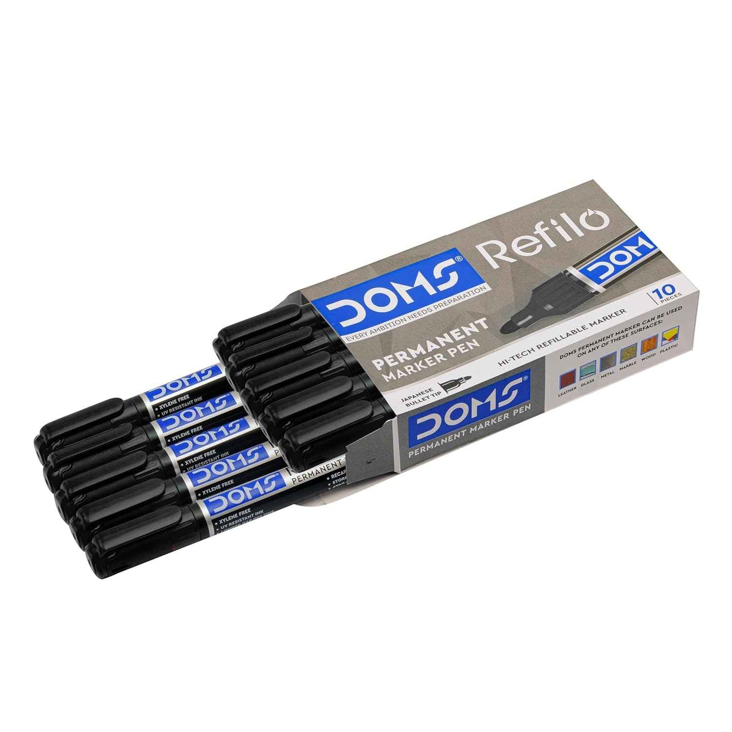 DOMS REFILO Permanent Marker Pen | Non -Toxic |HI-TECH REFILLABLE with JAPNESE Bullet TIP (Pack of 10) Black Ink