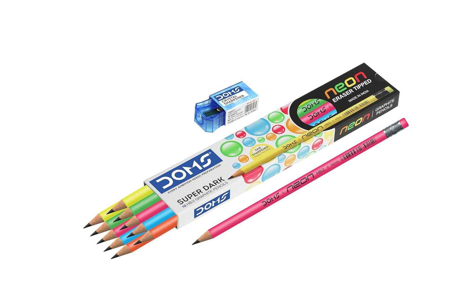 DOMS Neon Graphite Pencils Pack with Free Sharpener | Non-Toxic & Smooth Sharpening | Box of 10 Pencils