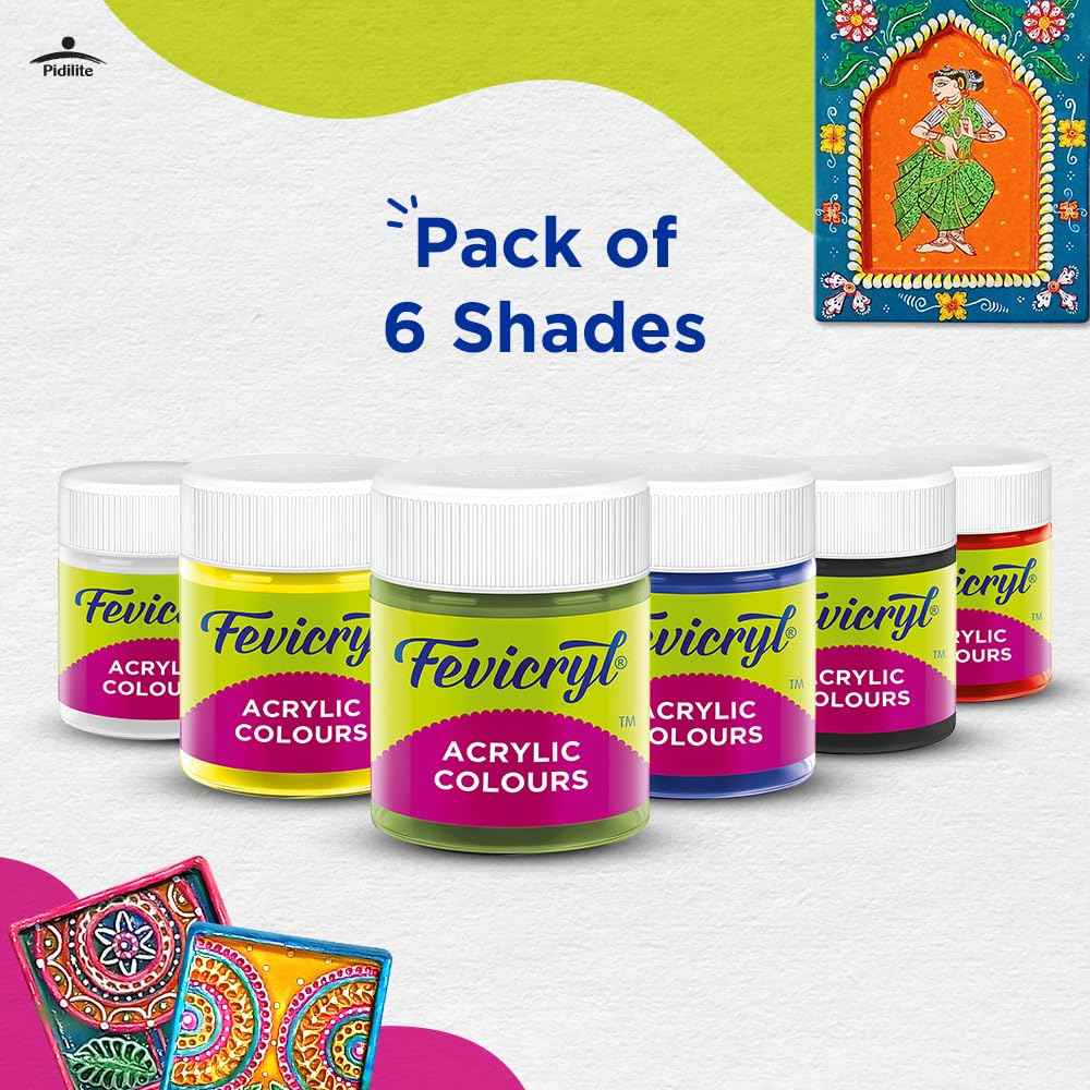 Fevicryl Acrylic Colors Kit - 60ml Set, 6 Shades | Rich Pigment Paint for Canvas, Wood, Leather, Metal, Ideal for Art & Craft Projects