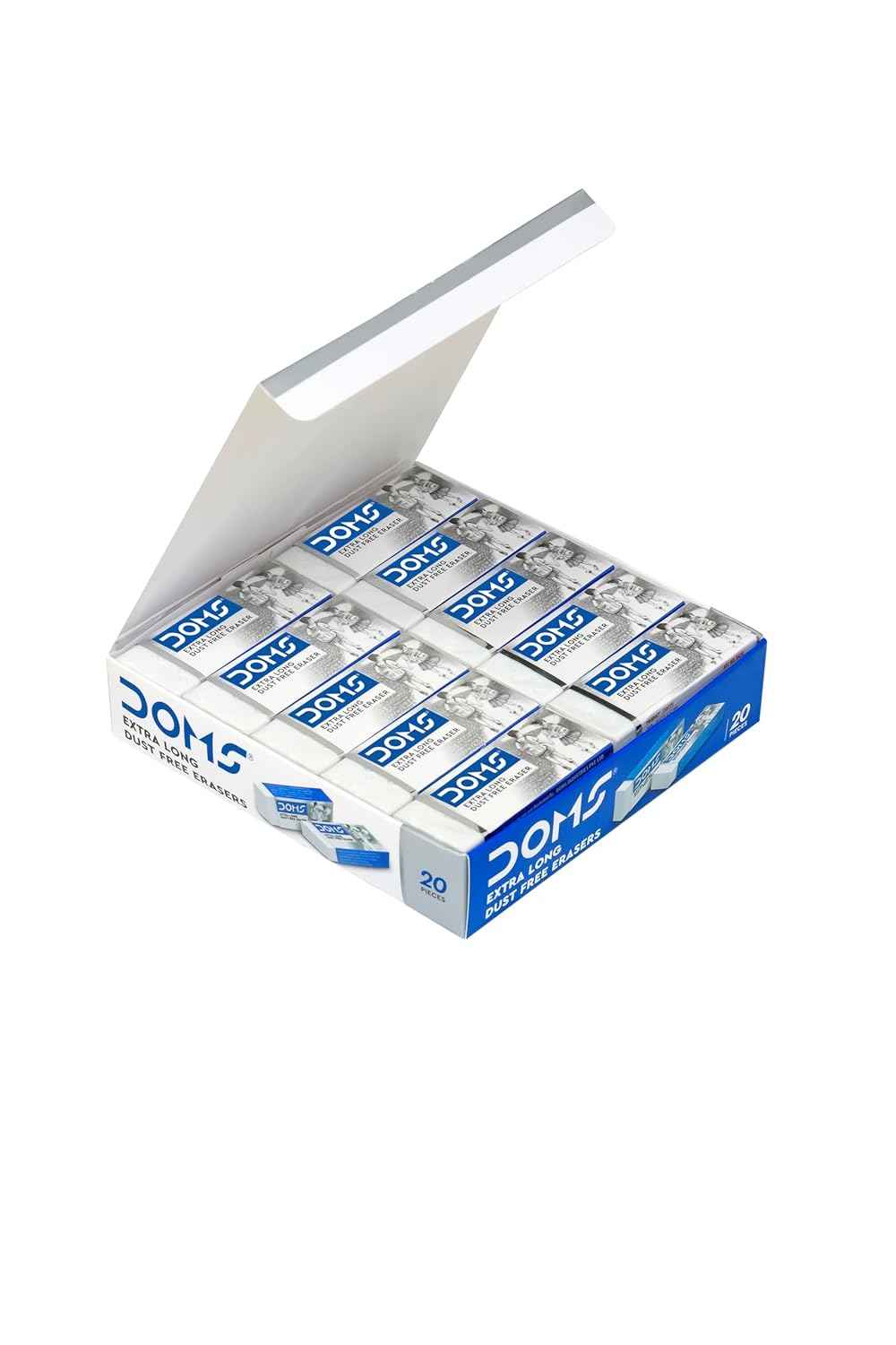 Doms Non-Toxic Extra Long Eraser Box Pack | Clean & Clear Erasing Stationery Gift for Kids & Students | Pack of 20 Pieces