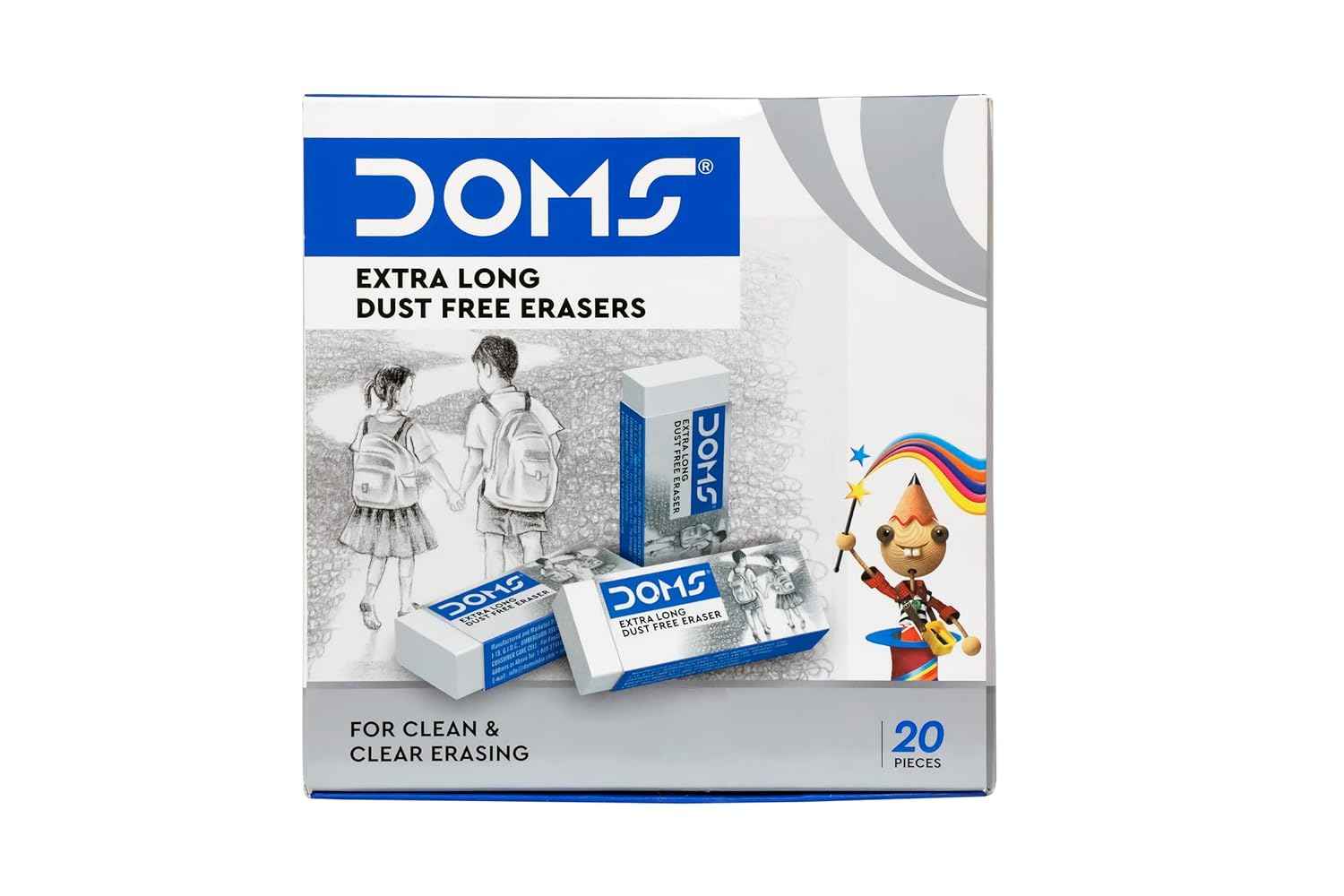 Doms Non-Toxic Extra Long Eraser Box Pack | Clean & Clear Erasing Stationery Gift for Kids & Students | Pack of 20 Pieces
