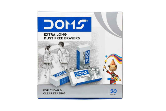 Doms Non-Toxic Extra Long Eraser Box Pack | Clean & Clear Erasing Stationery Gift for Kids & Students | Pack of 20 Pieces