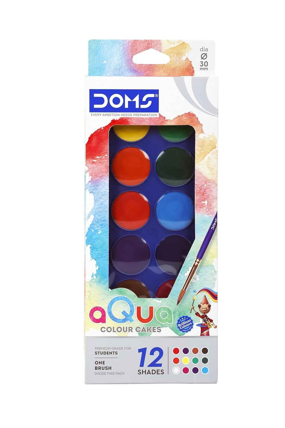 Doms Watercolor Cake Set - 12 Shades/24 Shades, 30mm Organic Rich Color Pigments, Easy Use Palette Lid, Non-Toxic & Safe for Kids, Includes Free Brush, Pack of 1