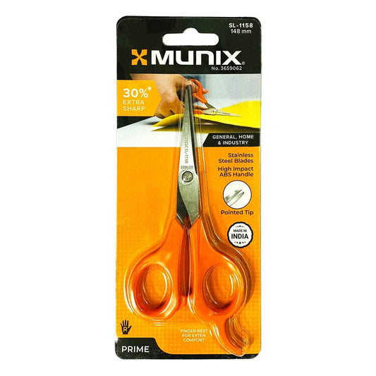 Munix SL-1158 148 mm / 5.8" Stainless Steel Scissors | Pointed Tip with Shock Proof Body | Ergonomic & Soft Handles for Easy Handling | Orange, Color May Vary