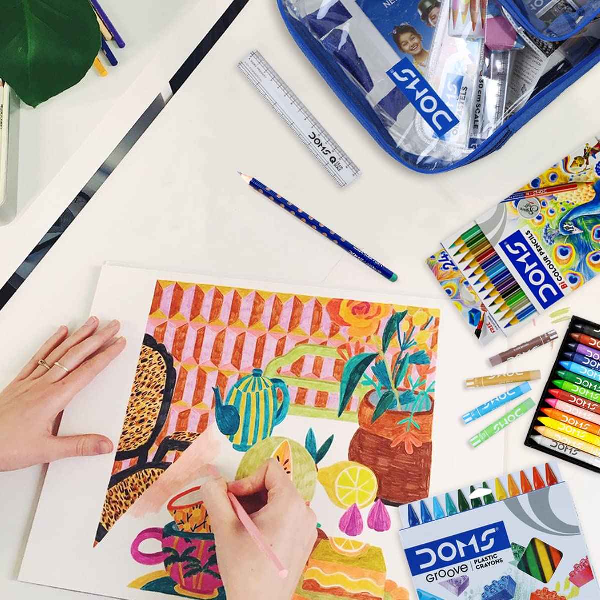 Doms Smart Kit - 12 Essential Stationery Items in Transparent Zipper Bag for School and Gifting