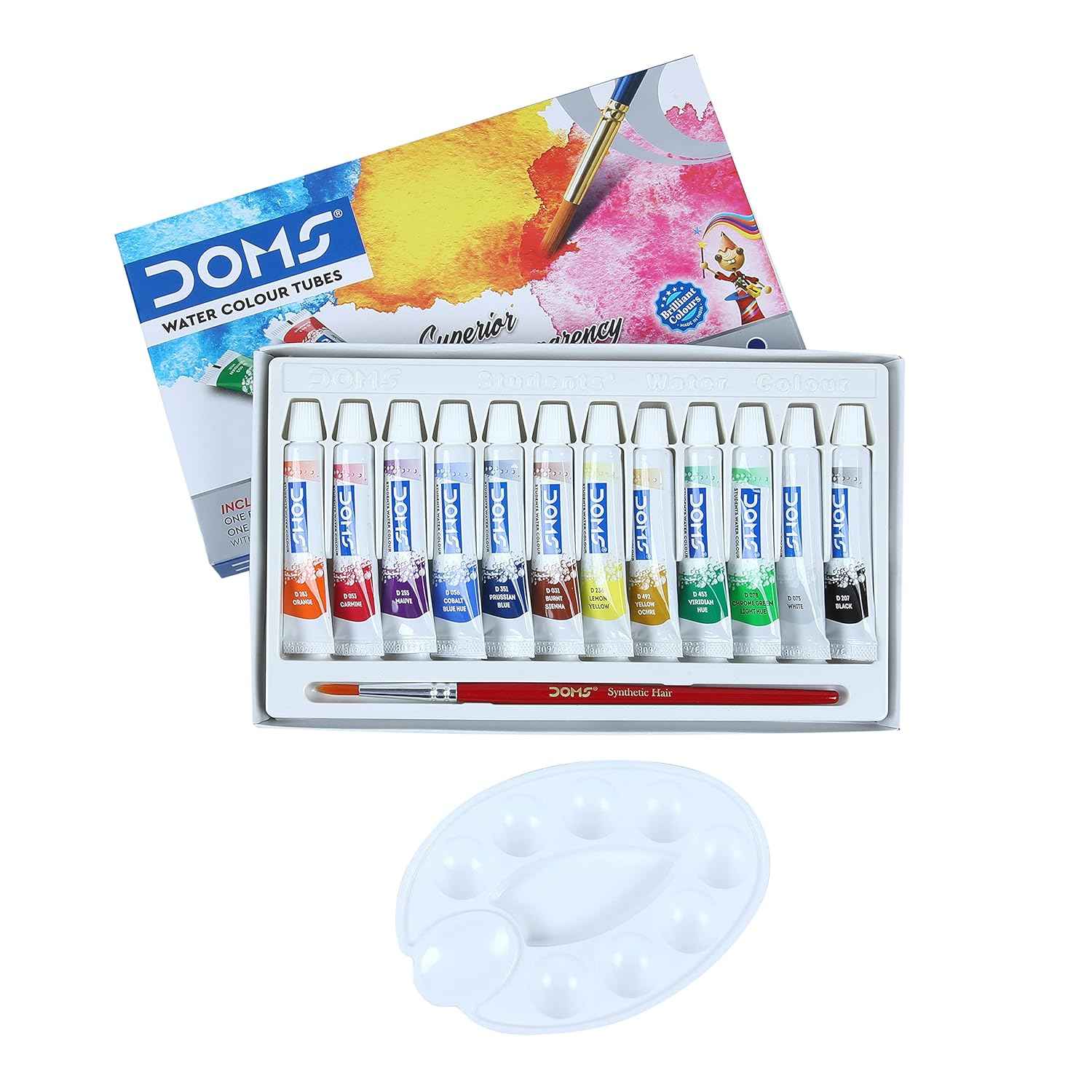 Doms Water Color Tube Set - 12 Shades for Vivid Creations, Includes Free Brush & Palette