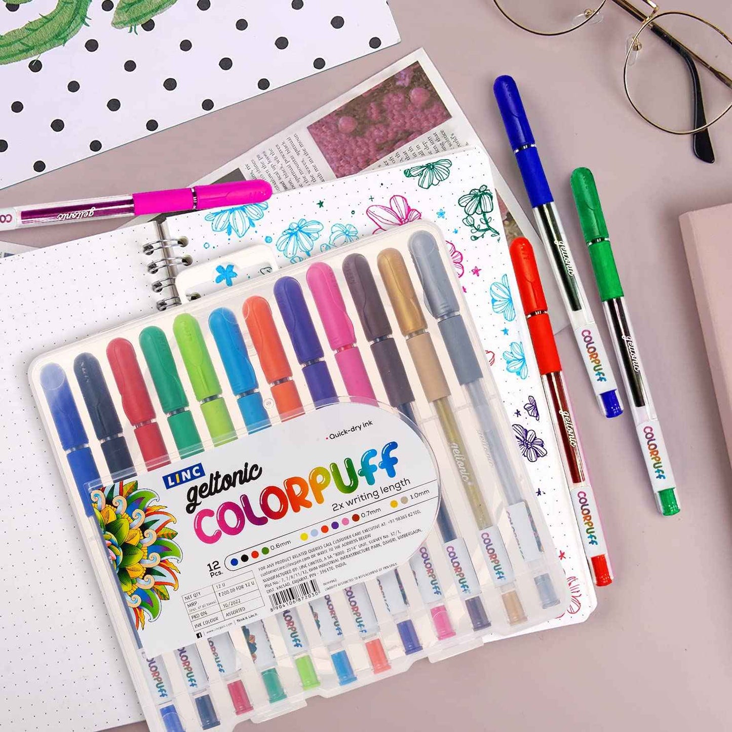 Linc Geltonic Multicolor Gel Pen Set with Hard Box Case - 12 Vibrant Inks, Pack of 1