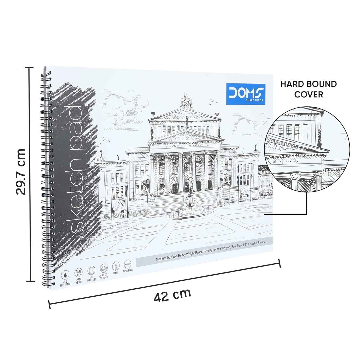 Doms Wiro Binding Notebook - 150GSM Sketch Pad, Plain, 72 Pages, 29.7 x 42 cm, Pack of 1