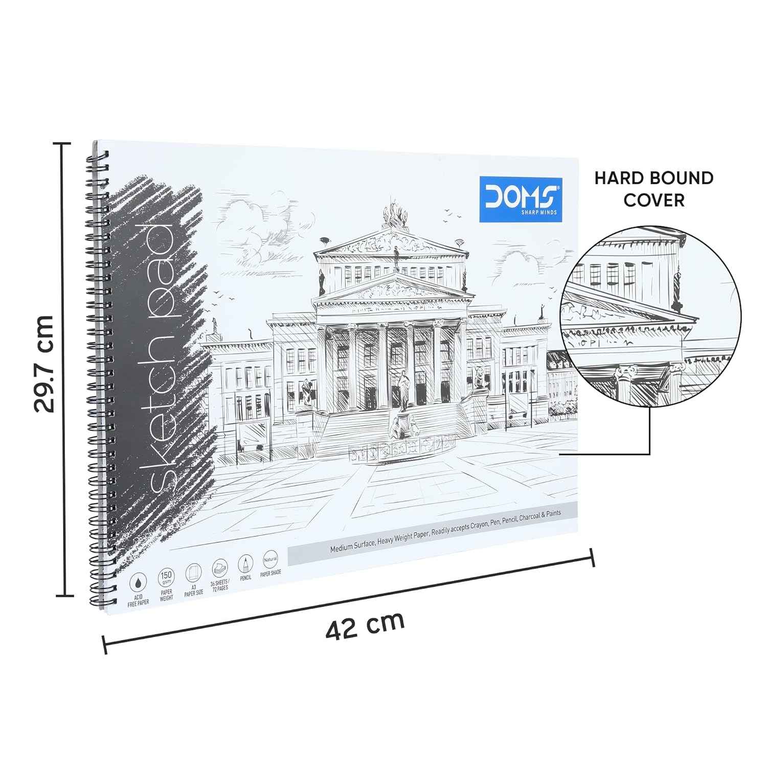 Doms Wiro Binding Notebook - 150GSM Sketch Pad, Plain, 72 Pages, 29.7 x 42 cm, Pack of 1