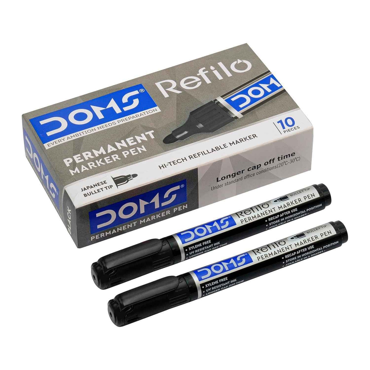 DOMS REFILO Permanent Marker Pen | Non -Toxic |HI-TECH REFILLABLE with JAPNESE Bullet TIP (Pack of 10) Black Ink