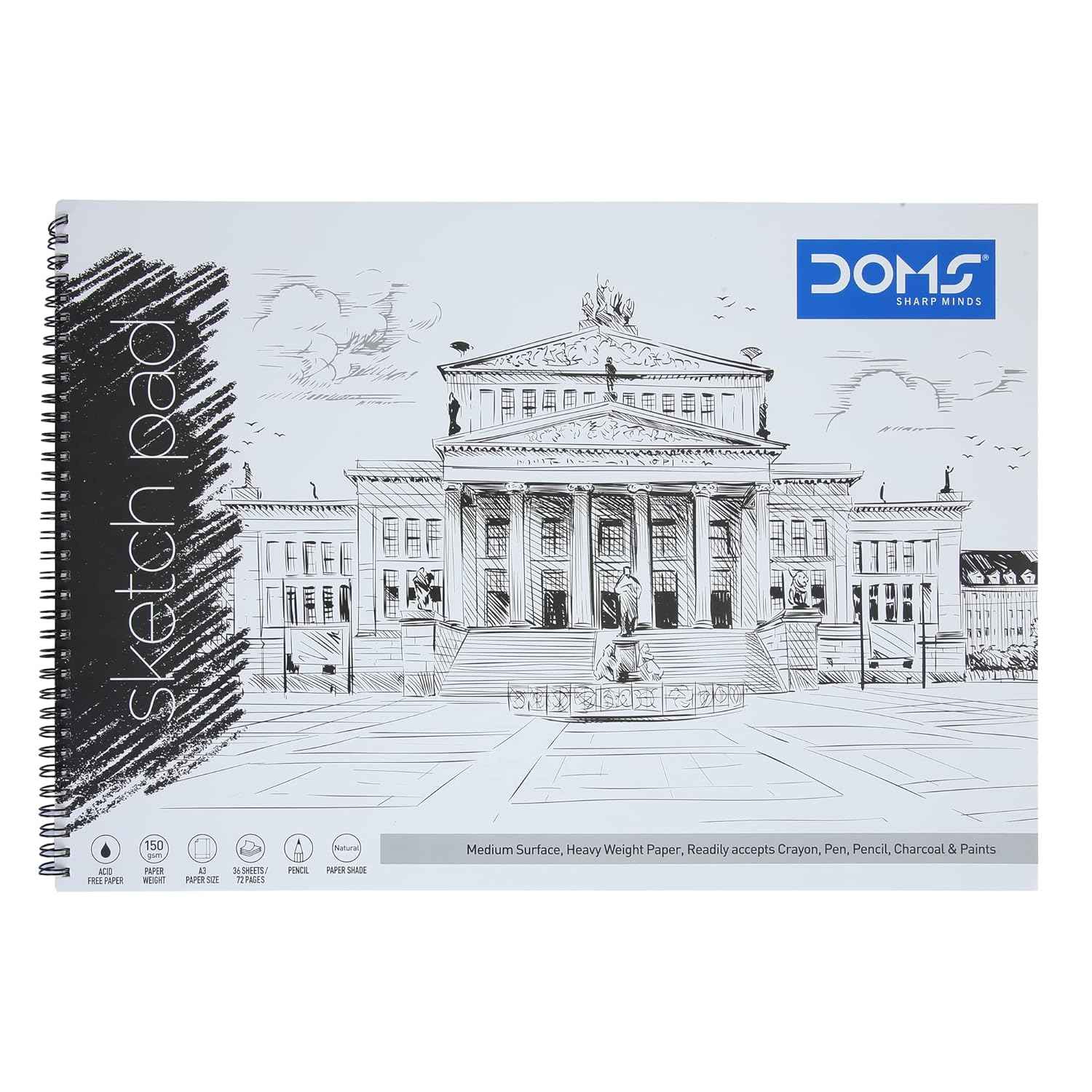Doms Wiro Binding Notebook - 150GSM Sketch Pad, Plain, 72 Pages, 29.7 x 42 cm, Pack of 1