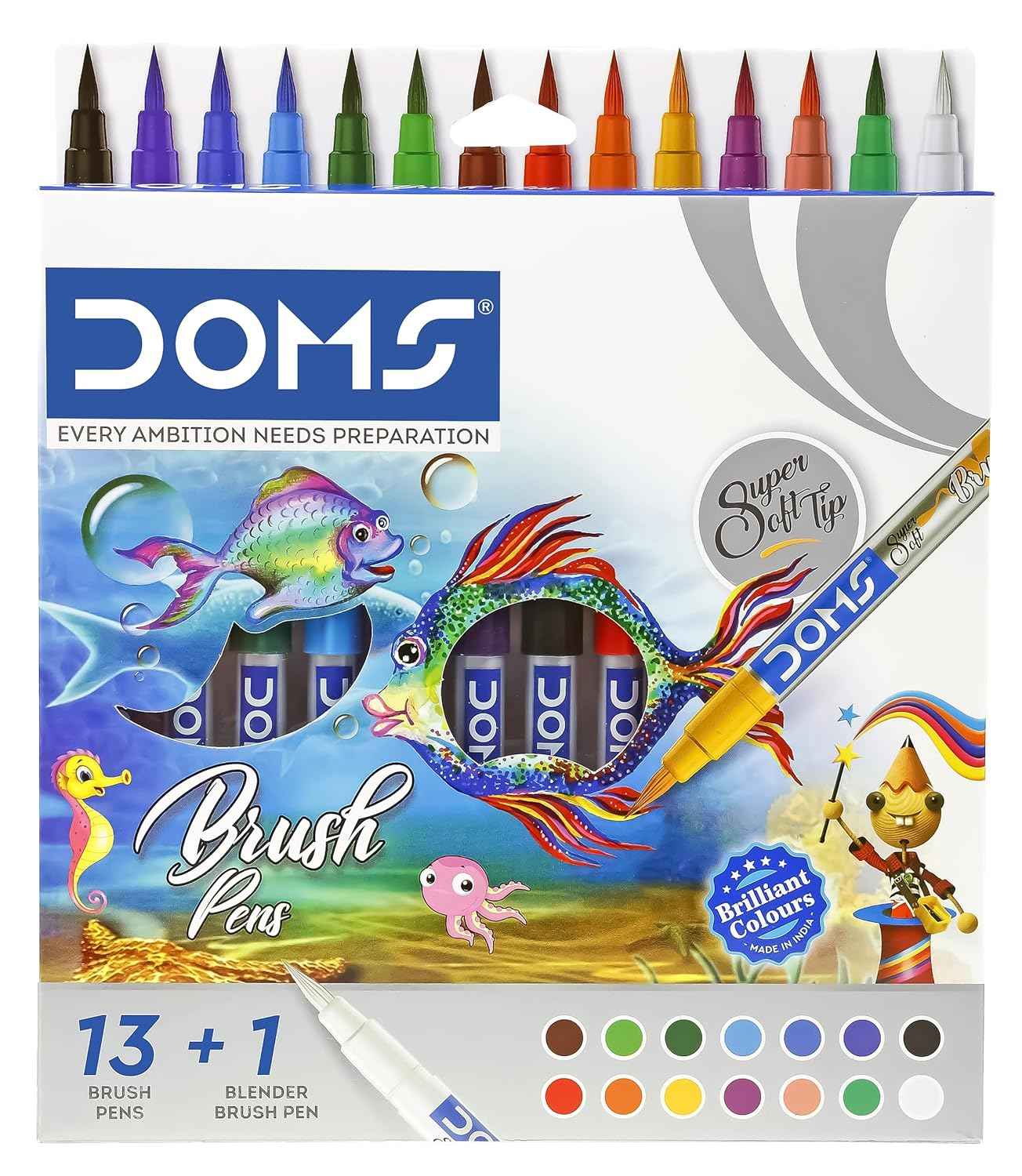 DOMS Brush Pen Pack | 14 Shades with Super Soft Tips | Water-Based Ink for Water Color Effect | Pack of 1, Multicolor