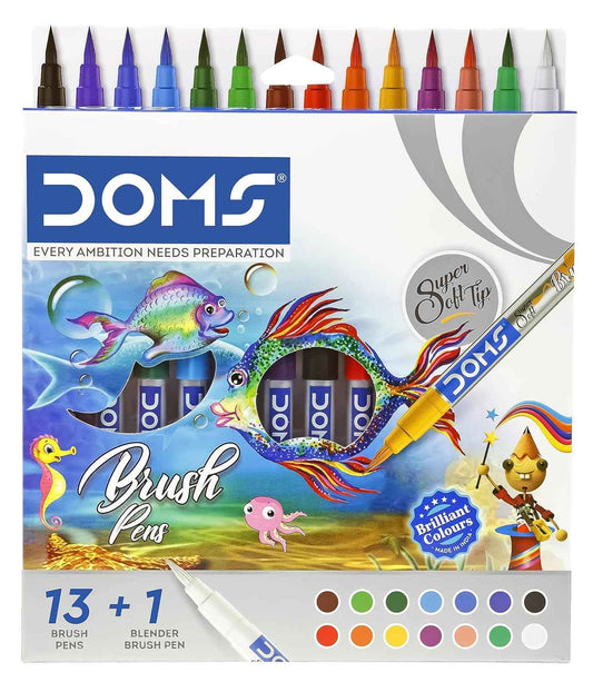 DOMS Brush Pen Pack | 14 Shades with Super Soft Tips | Water-Based Ink for Water Color Effect | Pack of 1, Multicolor
